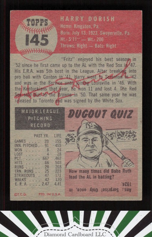 1953 Topps #145 Harry Dorish : Bio uses white text EX [GREAT EYE APPEAL] g, back