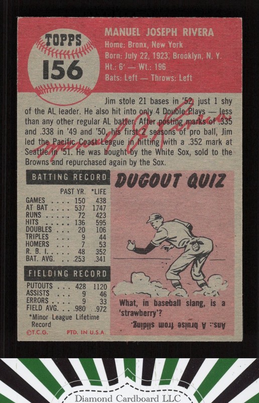 1953 Topps #156 Jim Rivera : Bio uses white text EXMT+ [CENTERED] h, back