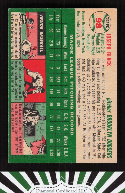 1954 Topps #98 Joe Black EX+ e, back