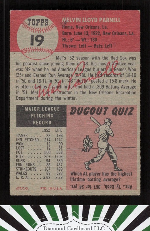1953 Topps #19 Mel Parnell VGEX e, back