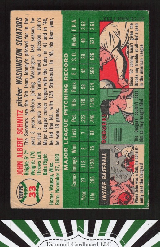 1954 Topps #33 Johnny Schmitz VG j, back