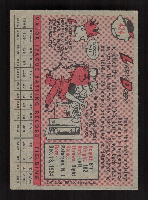 1958 Topps #424 Larry Doby VGEX+ f, back
