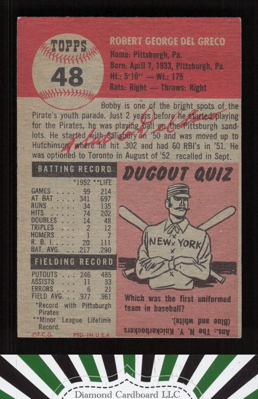 1953 Topps #48 Bob Del Greco VG+ c, back