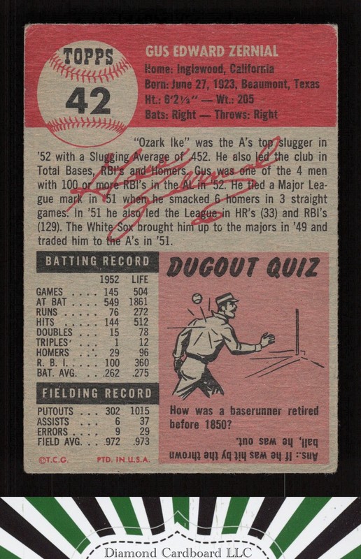 1953 Topps #42 Gus Zernial VG+ c, back