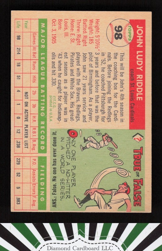 1955 Topps #98 Johnny Riddle VGEX h, back