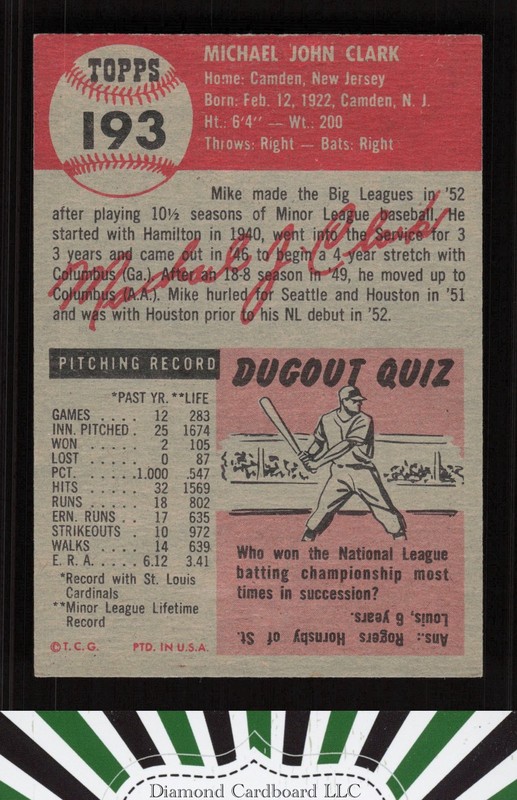 1953 Topps #193 Mike Clark EX f, back