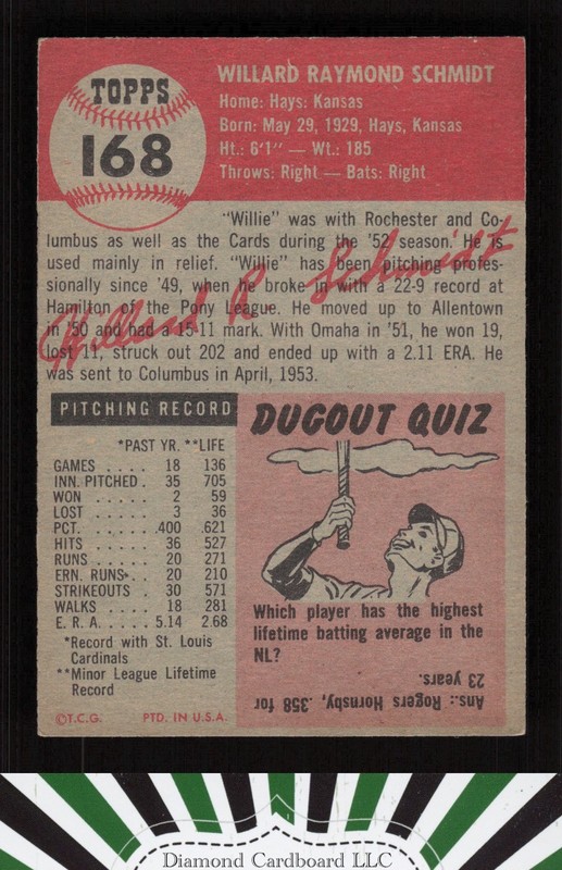1953 Topps #168 Willard Schmidt VGEX c, back