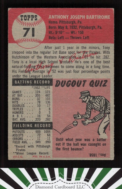 1953 Topps #71 Tony Bartirome GD a, back