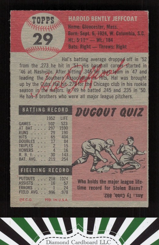1953 Topps #29 Hal Jeffcoat VGEX e, back
