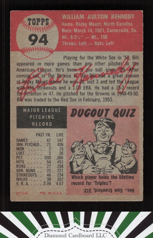 1953 Topps #94 Bill Kennedy : Bio uses white text VGEX e, back