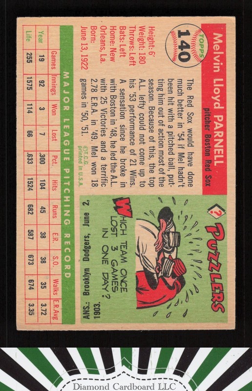 1955 Topps #140 Mel Parnell VGEX d, back