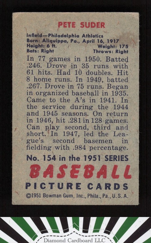 1951 Bowman #154 Pete Suder VG+, back