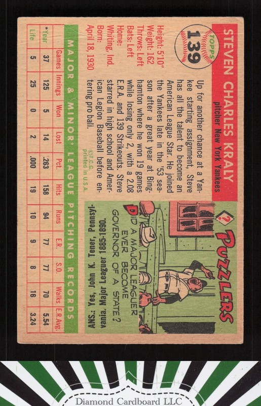 1955 Topps #139 Steve Kraly GD b, back