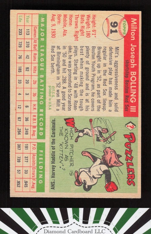 1955 Topps #91 Milt Bolling EX+ l, back