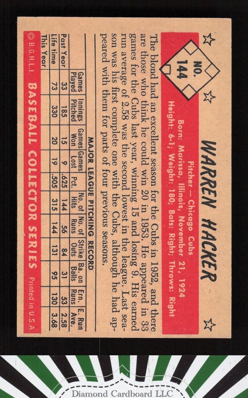 1953 Bowman Color #144 Warren Hacker NM (OC) a, back