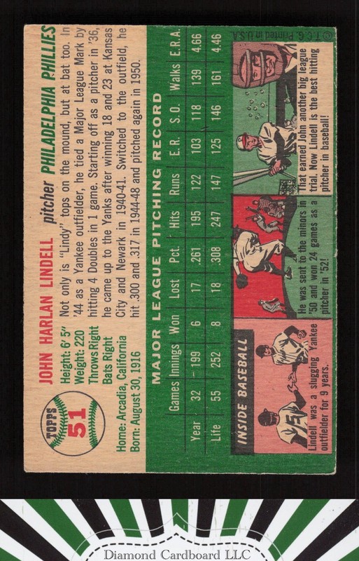 1954 Topps #51 Johnny Lindell VGEX+ j, back