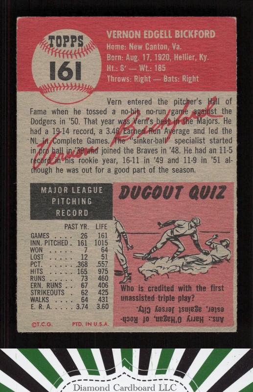 1953 Topps #161 Vern Bickford : Bio uses white text VGEX g, back