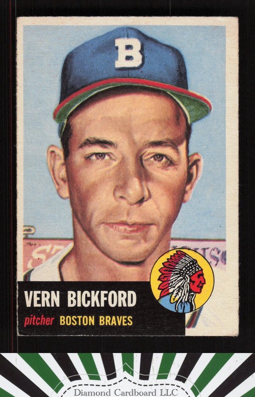 1953 Topps #161 Vern Bickford : Bio uses white text VGEX g, front