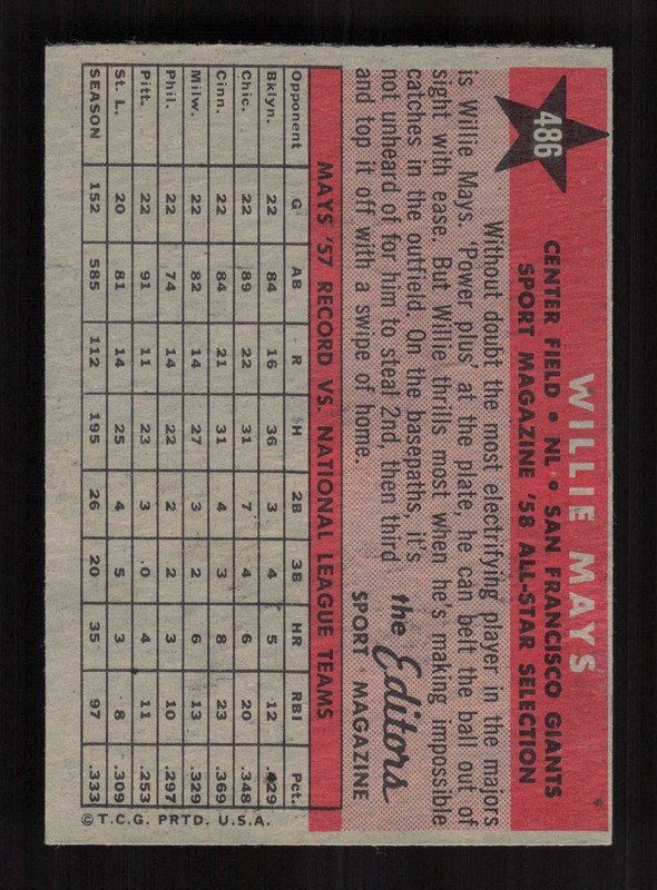 1958 Topps #486 Willie Mays NM (MC) d, back
