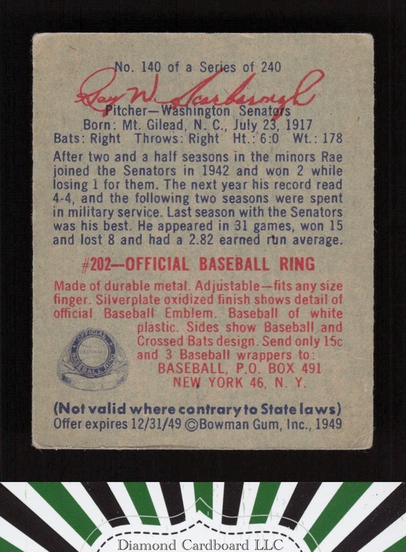 1949 Bowman #140 Rae Scarborough GD a, back