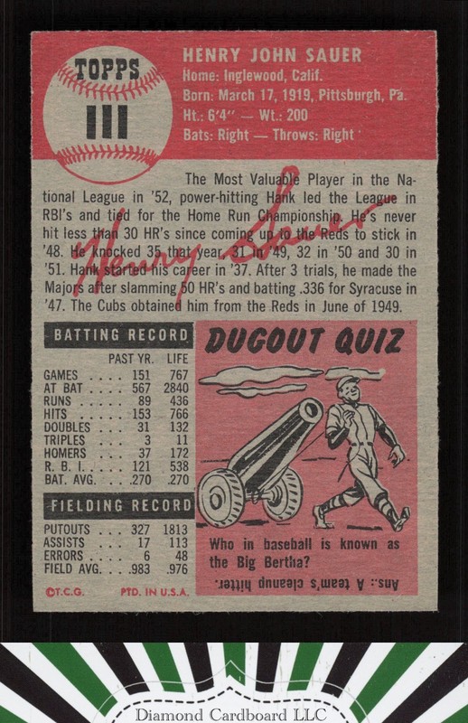 1953 Topps #111 Hank Sauer : Bio uses white text VG [MUCH SHARPER] g, back
