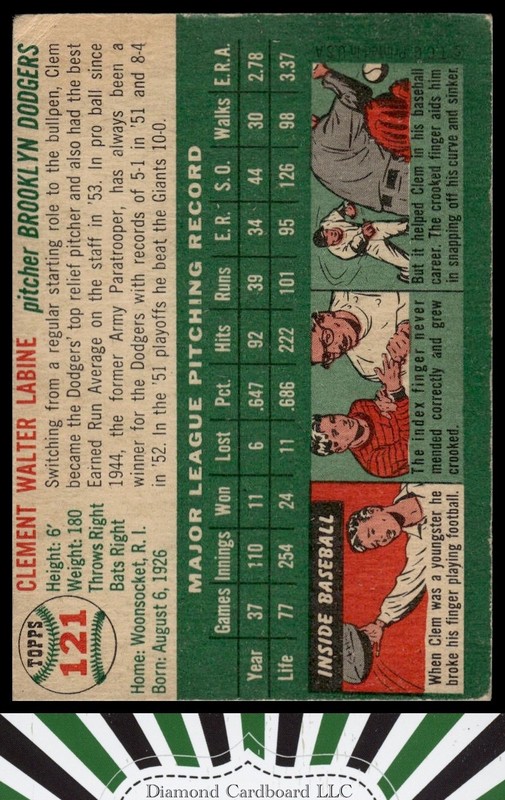 1954 Topps #121 Clem Labine GD+ h, back