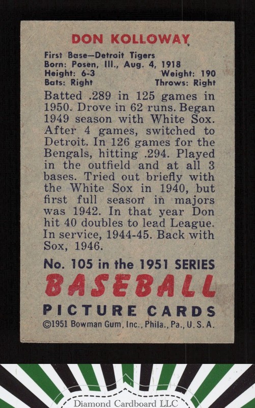 1951 Bowman #105 Don Kolloway EX, back