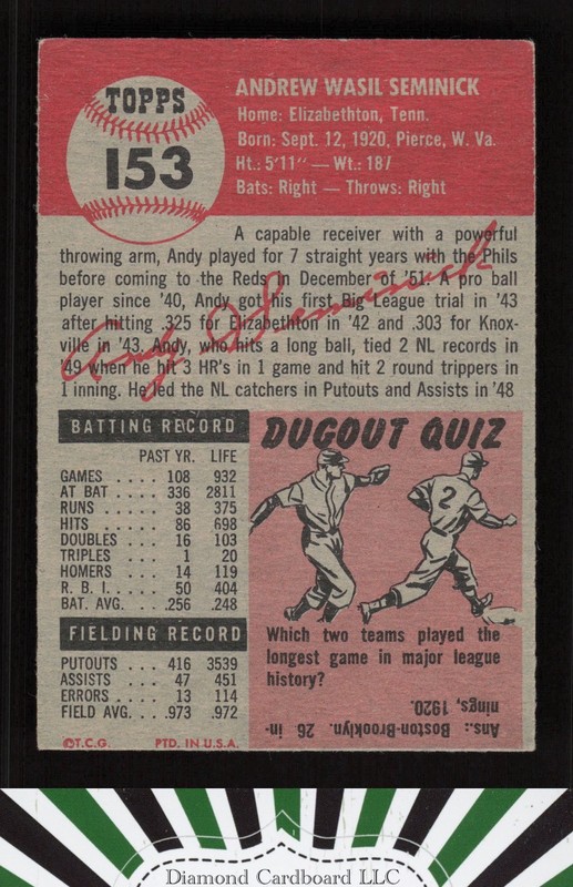 1953 Topps #153 Andy Seminick : Bio uses white text VGEX g, back