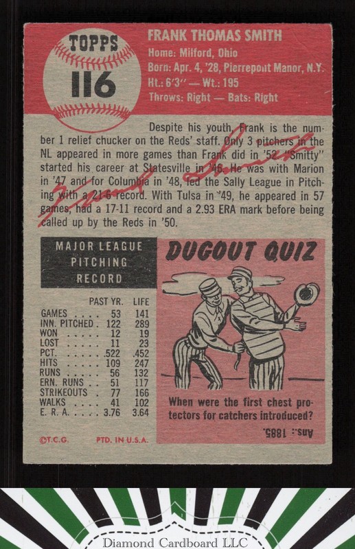 1953 Topps #116 Frank Smith : Bio uses white text VG f, back
