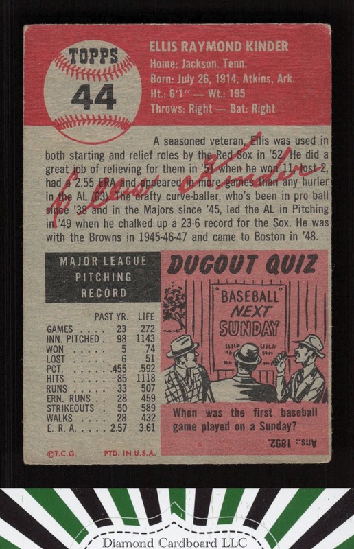1953 Topps #44a Ellis Kinder VG c, back