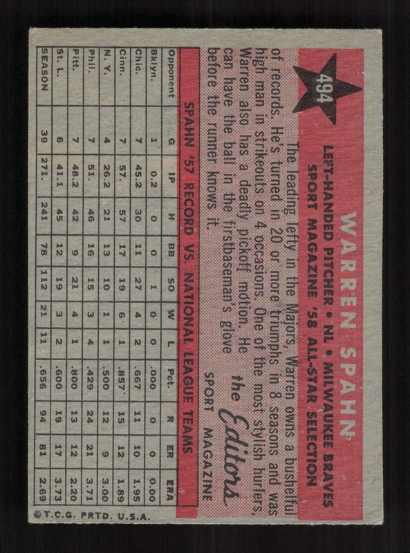 1958 Topps #494 Warren Spahn VGEX d, back