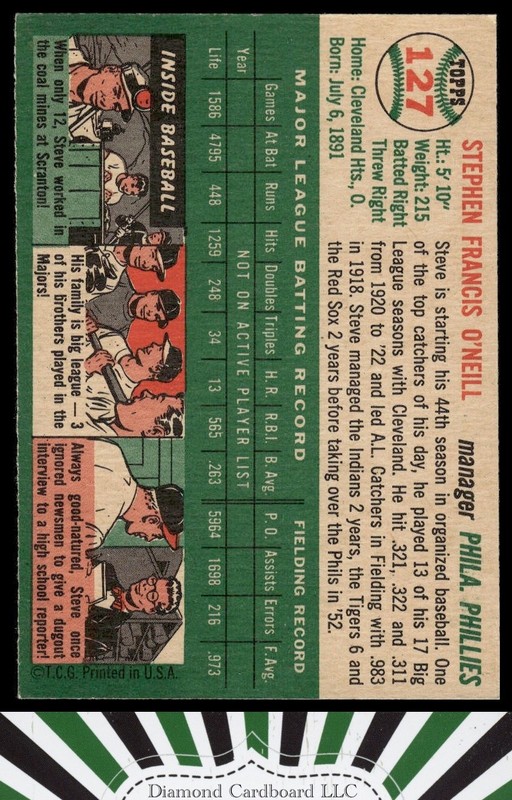 1954 Topps #127 Steve O'Neill EXMT c, back