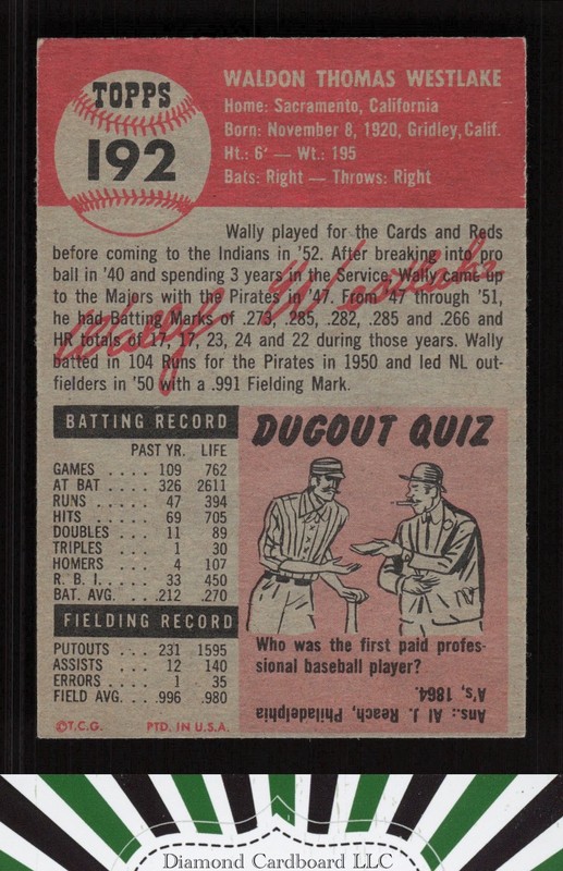 1953 Topps #192 Wally Westlake EX j, back
