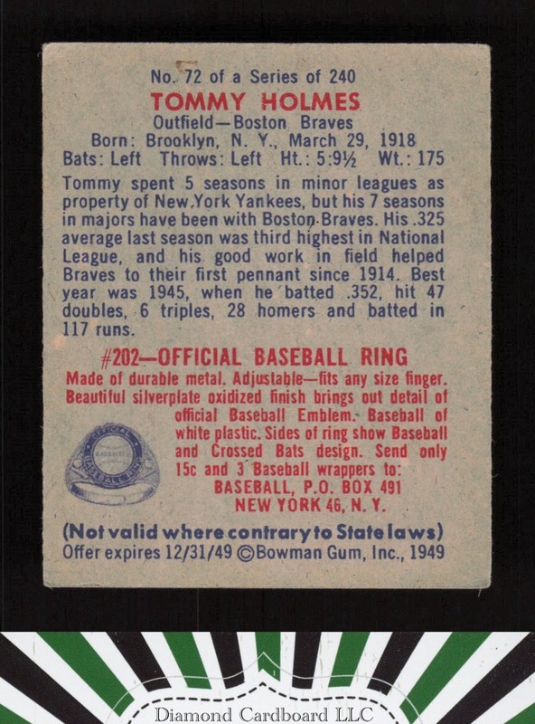 1949 Bowman #72 Tommy Holmes VGEX a, back