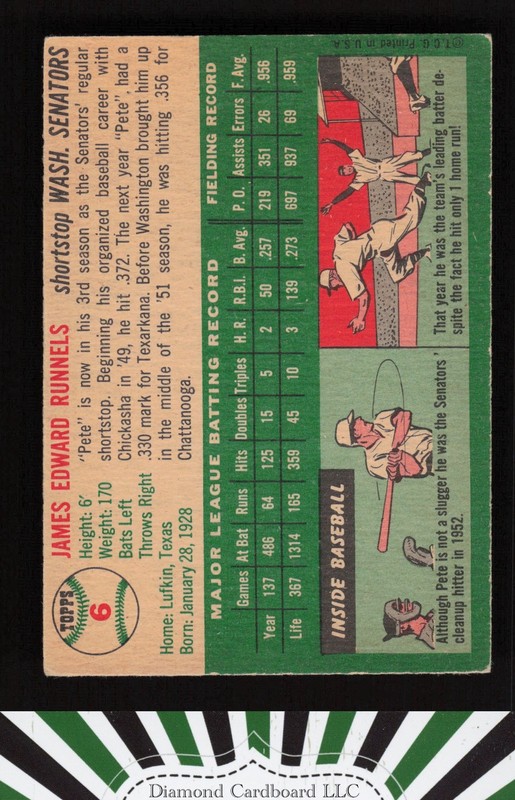 1954 Topps #6 Pete Runnels VG c, back