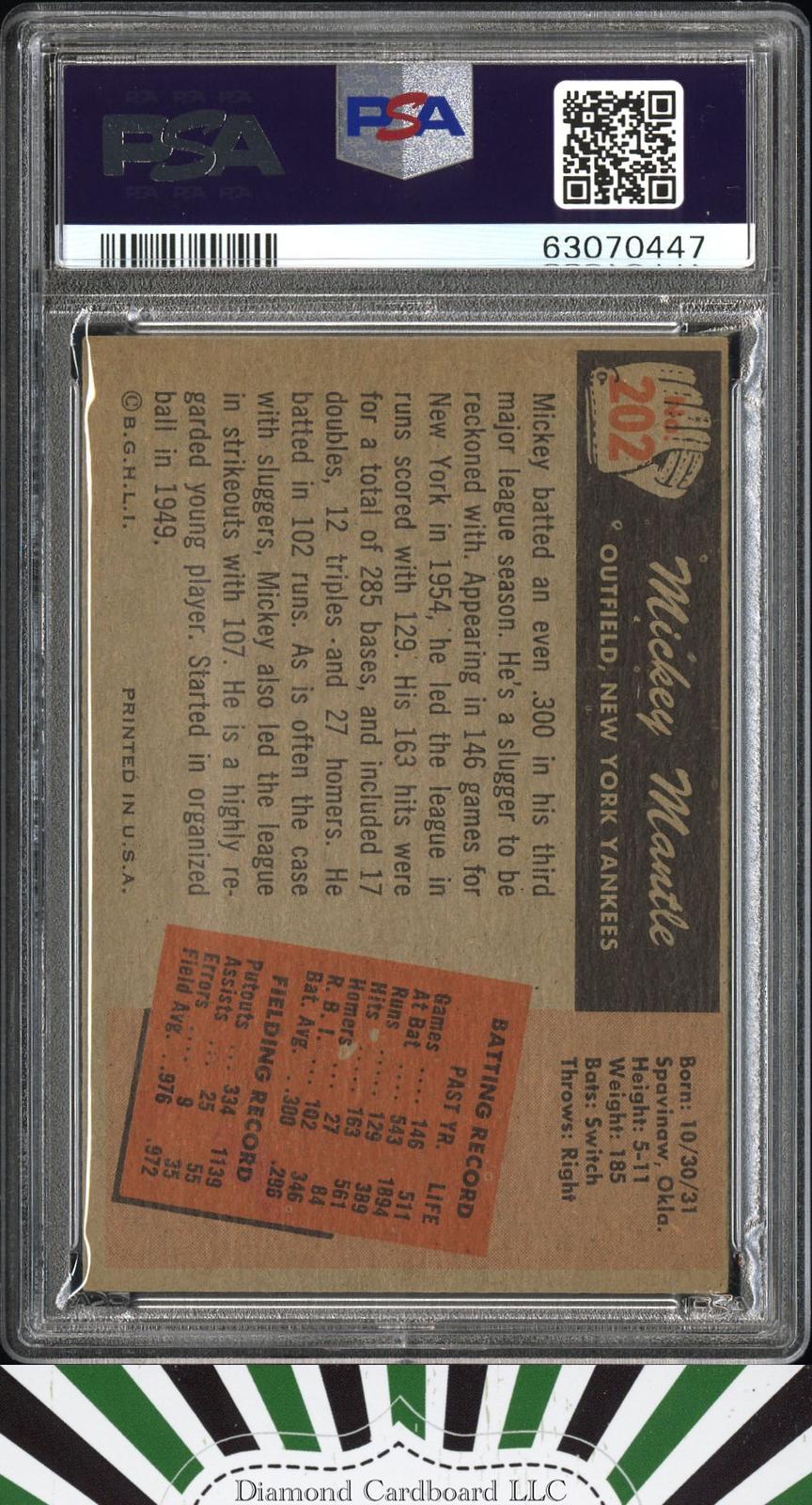 1955 Bowman #202 Mickey Mantle PSA 3.5, back