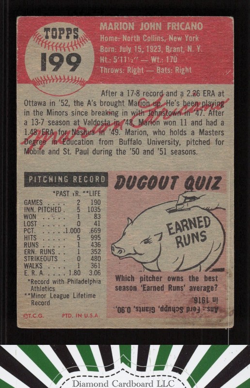 1953 Topps #199 Marion Fricano GD b, back