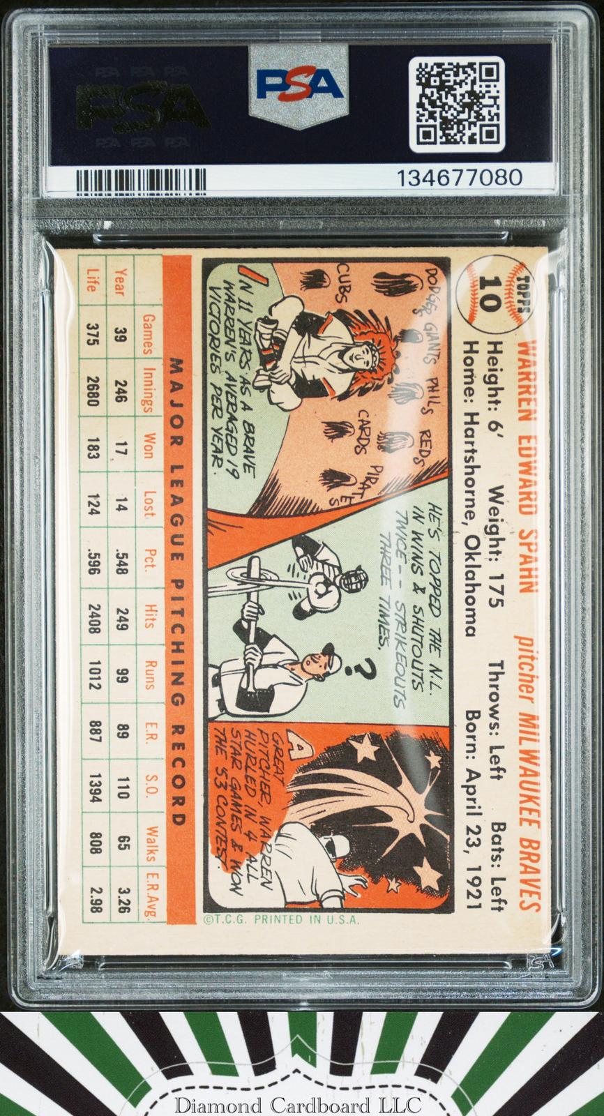 1956 Topps #10 Warren Spahn PSA 7 White Back, back