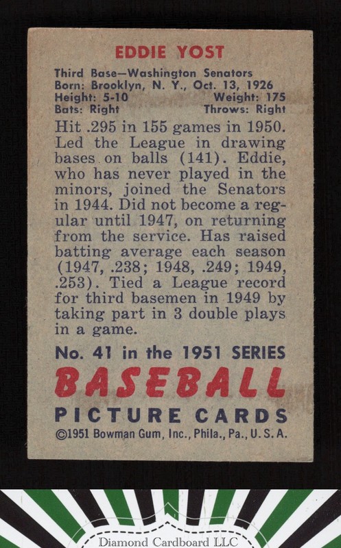 1951 Bowman #41 Eddie Yost VGEX+, back