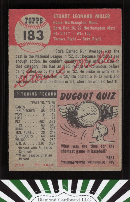 1953 Topps #183 Stu Miller EXMT f, back