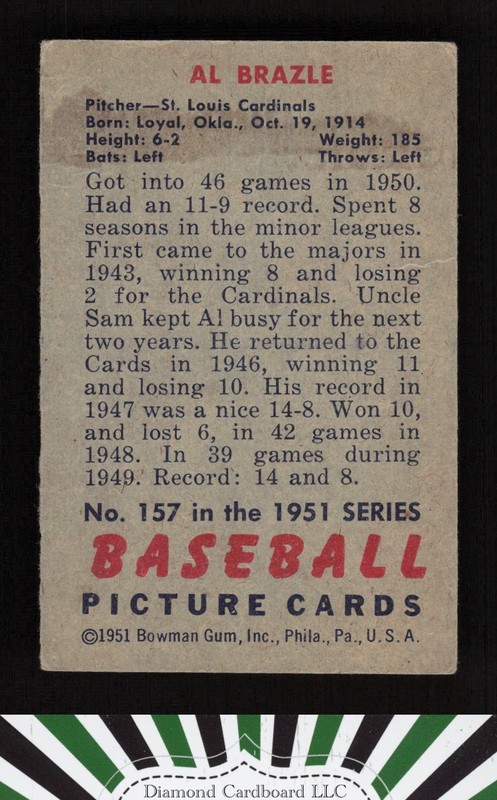 1951 Bowman #157 Al Brazle GD+, back