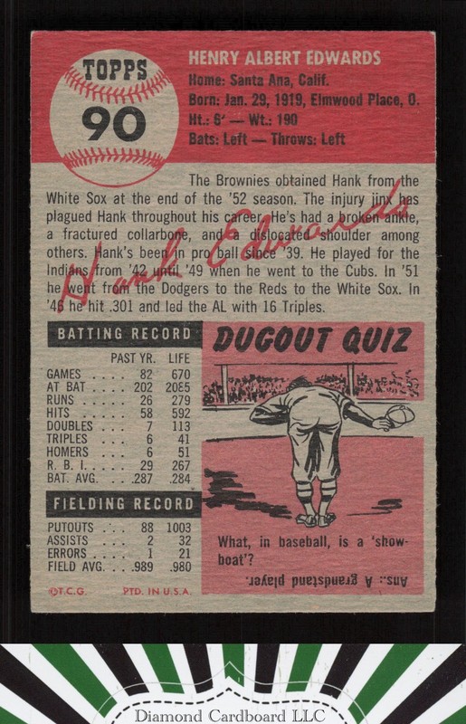 1953 Topps #90 Hank Edwards : Bio uses black text VGEX h, back