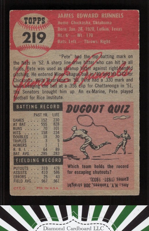 1953 Topps #219 Pete Runnels VG+ f, back