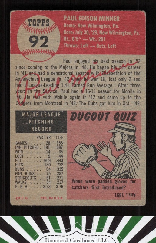 1953 Topps #92 Paul Minner : Bio uses white text GD+ a, back