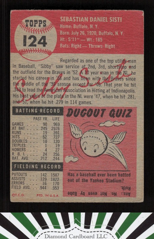 1953 Topps #124 Sibby Sisti : Bio uses white text FR a, back
