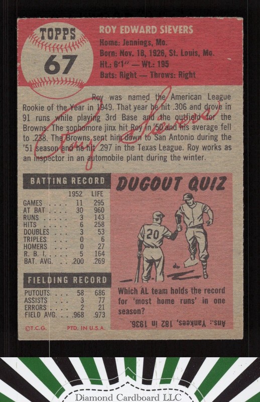 1953 Topps #67 Roy Sievers VGEX f, back