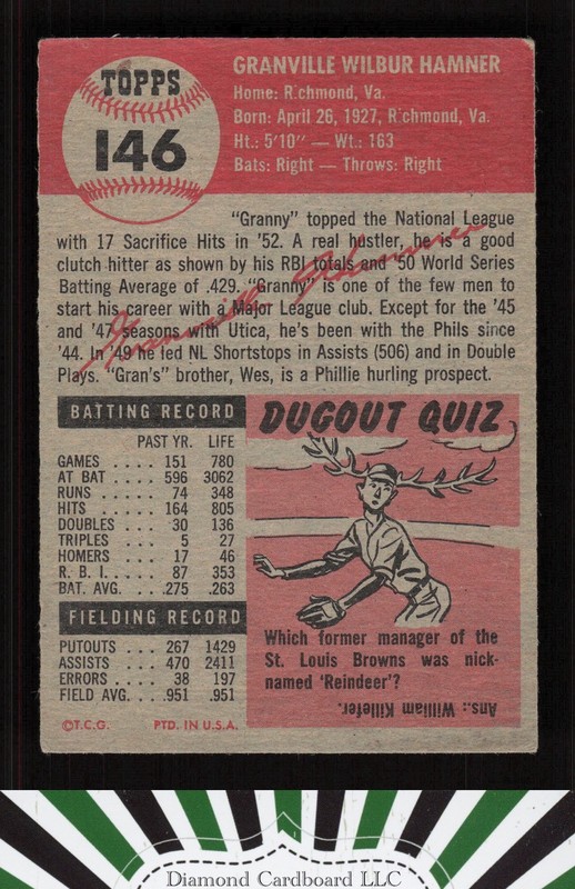 1953 Topps #146 Granny Hamner : Bio uses white text GD b, back