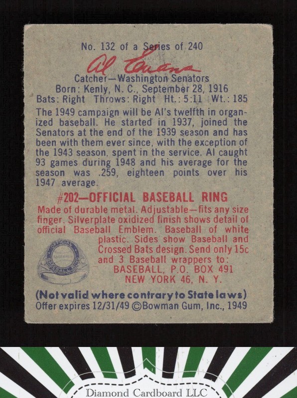 1949 Bowman #132 Al Evans Script Name On Back FR a, back