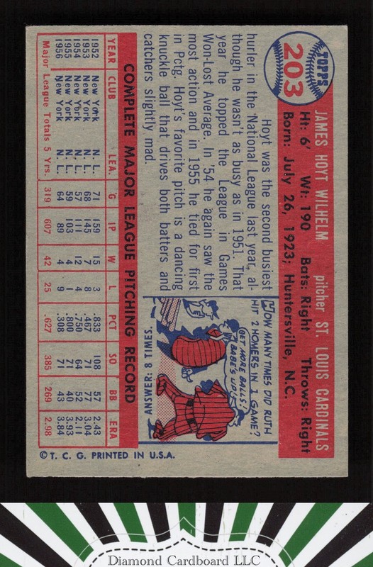 1957 Topps #203 Hoyt Wilhelm EX g, back