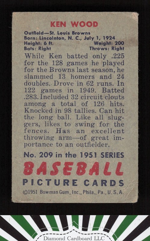 1951 Bowman #209 Ken Wood GD, back